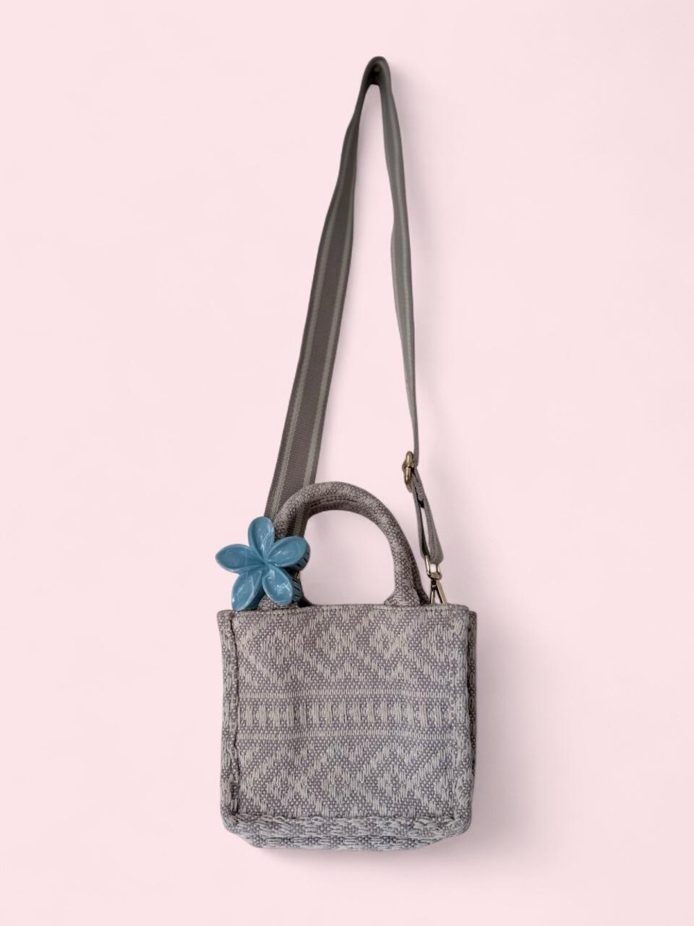 H&M Gray Patterned Mini Crossbody Bag with Blue Flower Accent